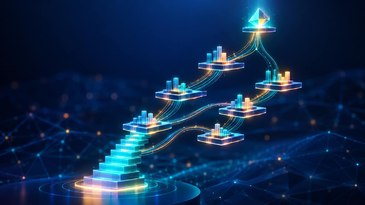 Abstract illustration of stacked compensation tiers branching upward into separate payout groups