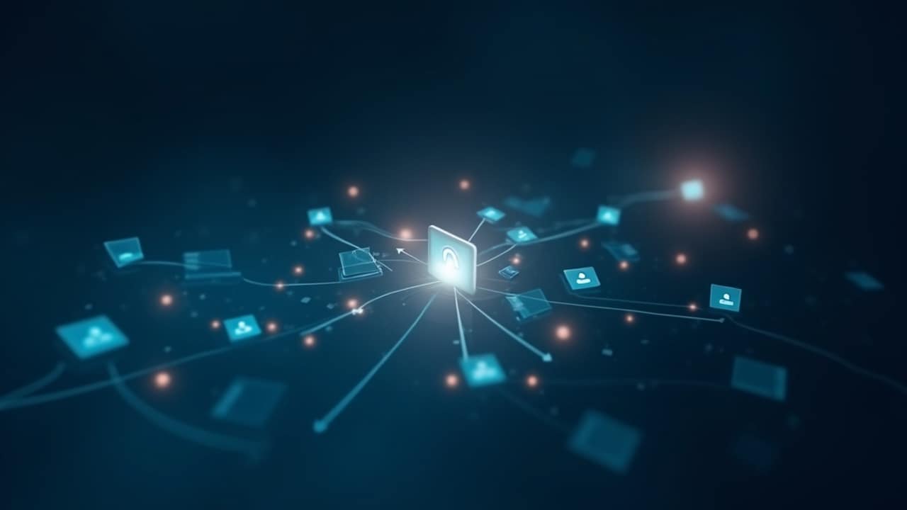 Abstract illustration of a central hub with autonomous glowing agents branching out to handle separate tasks