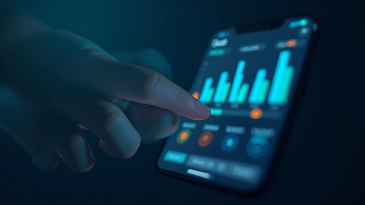 MLM company operator viewing commissions and key KPIs on a back office mobile dashboard while away from the desk