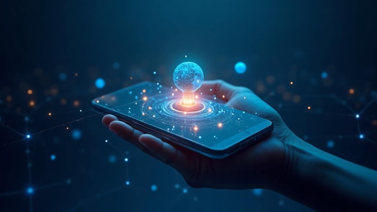 Abstract illustration of a mobile device as a hub with connected nodes representing a distributor network
