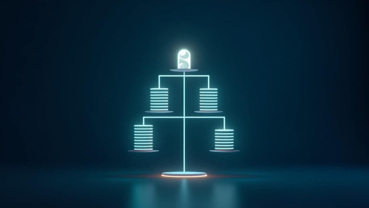 Abstract illustration of a flat branching hierarchy with stacked payout tiers representing a unilevel compensation structure