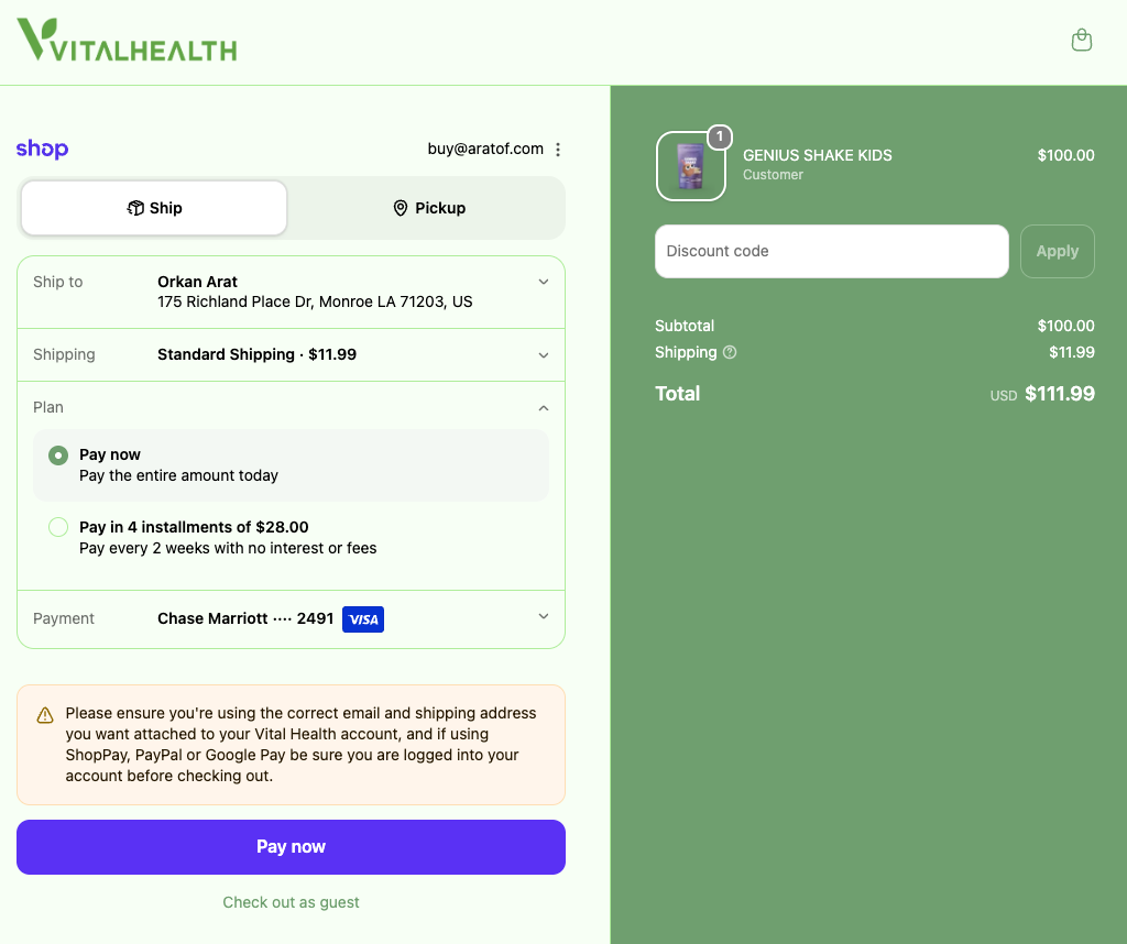 Real Shopify checkout with Shop Pay, installments, and guest checkout, branded for a Plondo store