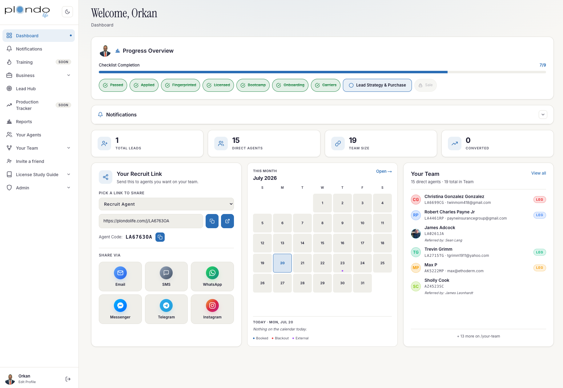 Plondo distributor back office: Distributor dashboard: recruiting, team, and scheduling